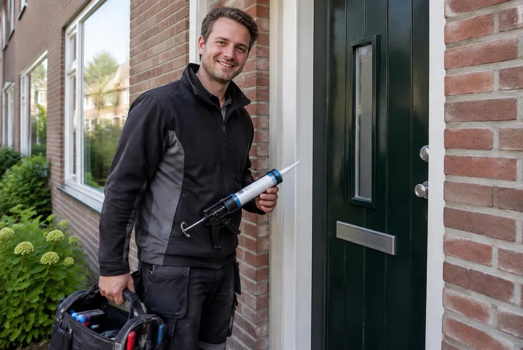 Vakman van Kitbedrijf Wolvega bij de voordeur van een woning